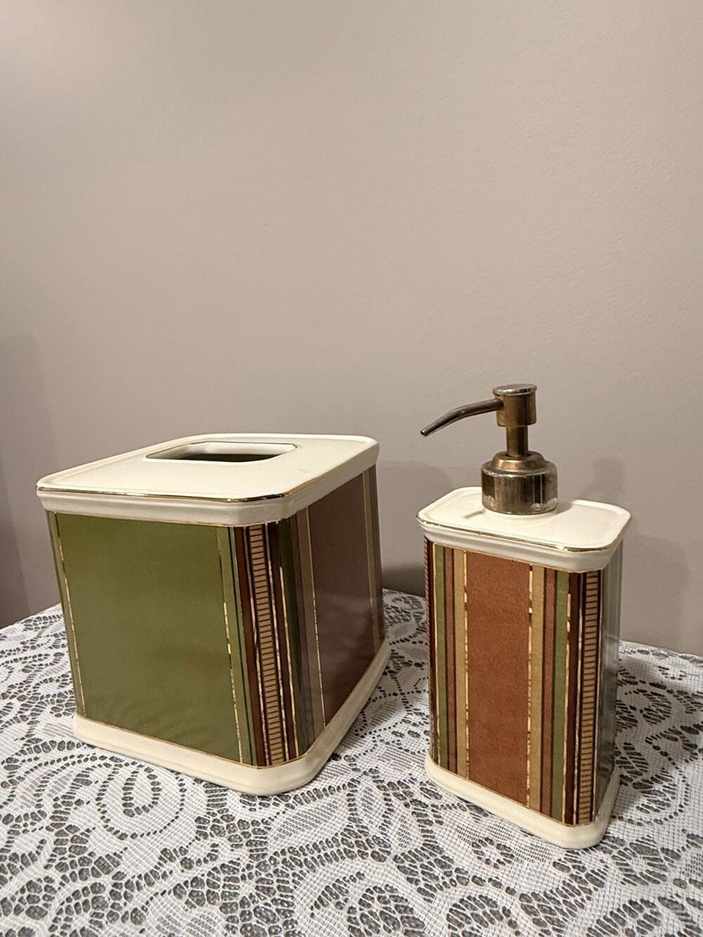 Vintage 1970s Tissue Box Cover Lotion Soap Dispenser Set Gold Green Brown Retro